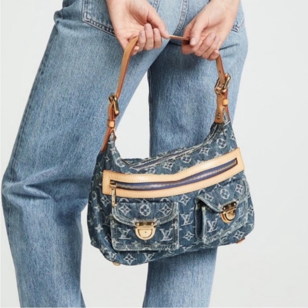Louis Vuitton Blue and Tan Shoulder Bag with Monogram Design vintages early 2000